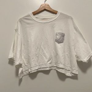 Hand sewn Marble pocket grey pocket on white crop top